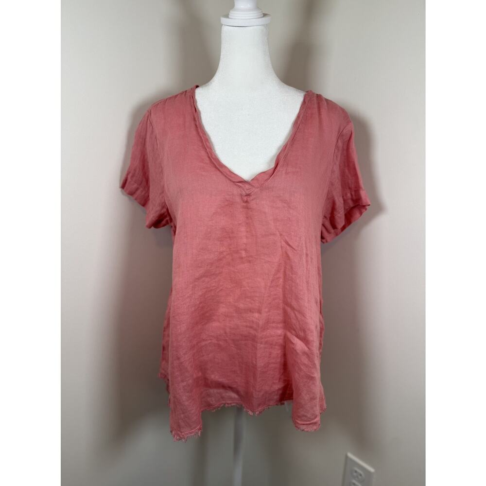 Bella Dahl Linen V Neck Top Peach Short Sleeve Raw Hem Women's M Boho Lagenlook - Picture 8 of 11